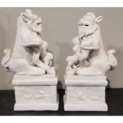 49 - TWO VINTAGE ‘BLANC DE CHINE’ FOO DOGS / GUARDIAN LIONS, both lions are seated upon a plinth base tha... 