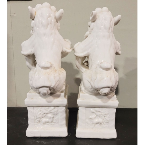 49 - TWO VINTAGE ‘BLANC DE CHINE’ FOO DOGS / GUARDIAN LIONS, both lions are seated upon a plinth base tha... 