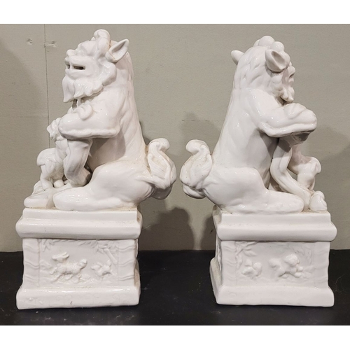 49 - TWO VINTAGE ‘BLANC DE CHINE’ FOO DOGS / GUARDIAN LIONS, both lions are seated upon a plinth base tha... 