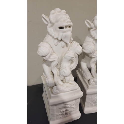 49 - TWO VINTAGE ‘BLANC DE CHINE’ FOO DOGS / GUARDIAN LIONS, both lions are seated upon a plinth base tha... 