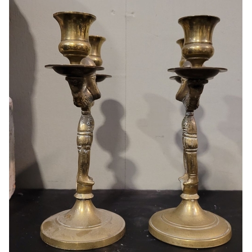 54 - A PAIR OF 19TH CENTURY BRASS CANDELABRA CANDLESTICKS IN THE FORM OF BEARDED MEN, possibly Russian, t... 