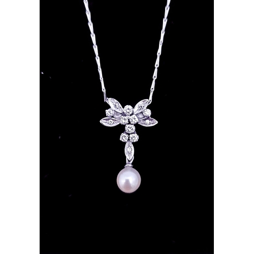 57 - A BESPOKE 18CT WHITE GOLD CHAIN WITH DIAMOND & PEARL PENDANT, finely crafted pendant with diamonds a... 