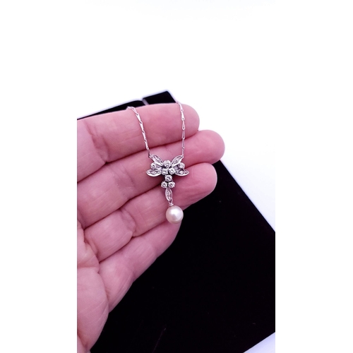 57 - A BESPOKE 18CT WHITE GOLD CHAIN WITH DIAMOND & PEARL PENDANT, finely crafted pendant with diamonds a... 