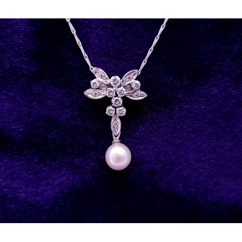 57 - A BESPOKE 18CT WHITE GOLD CHAIN WITH DIAMOND & PEARL PENDANT, finely crafted pendant with diamonds a... 