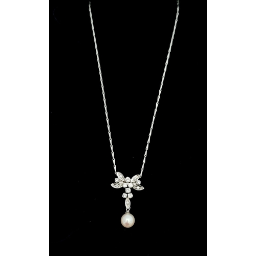 57 - A BESPOKE 18CT WHITE GOLD CHAIN WITH DIAMOND & PEARL PENDANT, finely crafted pendant with diamonds a... 