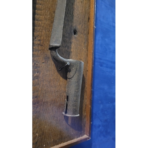 69 - AN ANTIQUE TRIANGULAR SOCKET BAYONET, mounted on an oak panel. Indistinct possible maker’s name to t... 