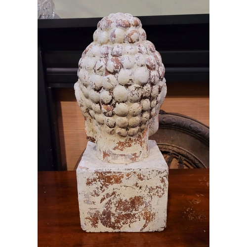 73 - A DECORATIVE ORNAMENT CLAY BUDDHA HEAD, the detailed face resting upon a square plinth hollow base. ... 