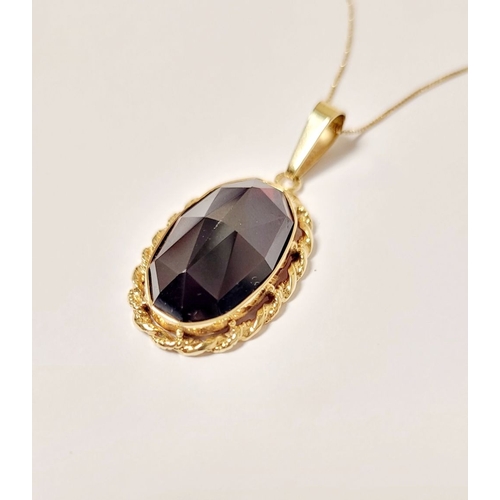 79 - AN ATTRACTIVE 14CT YELLOW GOLD GARNET PENDANT NECKLACE, lovely delicate link chain holds the oval sh... 