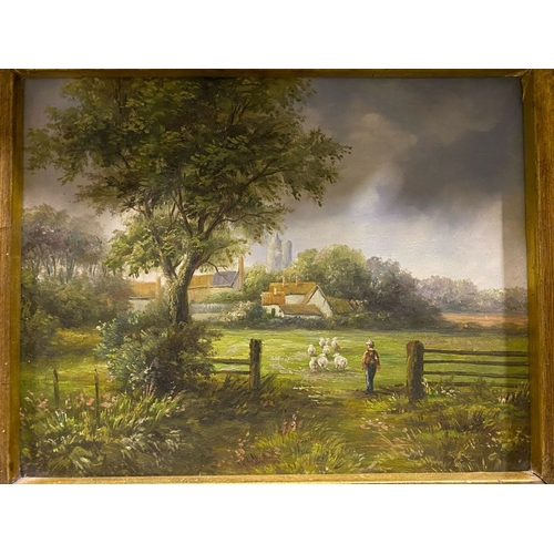 8 - AN EARLY 20TH CENTURY RURAL LANDSCAPE IN HIGHLY DECORATIVE GILT FRAME, oil on board, depicting rural... 