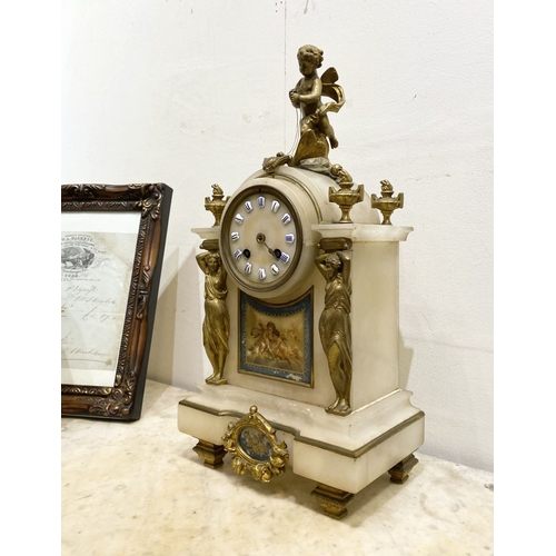 80 - A 19TH CENTURY FRENCH STYLE ORMOLU MARBLE MANTLE CLOCK, the circular dial on marble with painted por... 