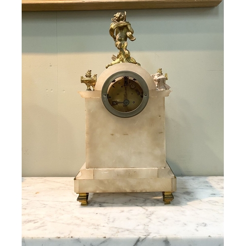 80 - A 19TH CENTURY FRENCH STYLE ORMOLU MARBLE MANTLE CLOCK, the circular dial on marble with painted por... 