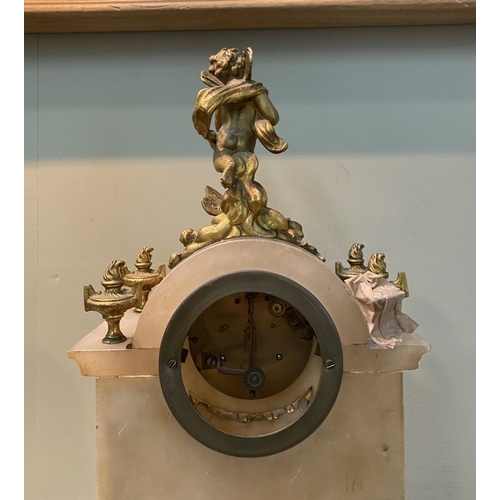 80 - A 19TH CENTURY FRENCH STYLE ORMOLU MARBLE MANTLE CLOCK, the circular dial on marble with painted por... 