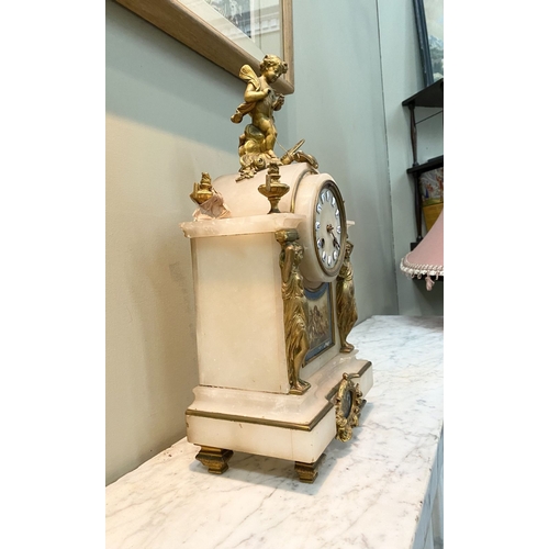 80 - A 19TH CENTURY FRENCH STYLE ORMOLU MARBLE MANTLE CLOCK, the circular dial on marble with painted por... 