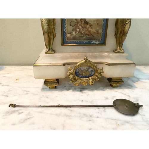 80 - A 19TH CENTURY FRENCH STYLE ORMOLU MARBLE MANTLE CLOCK, the circular dial on marble with painted por... 