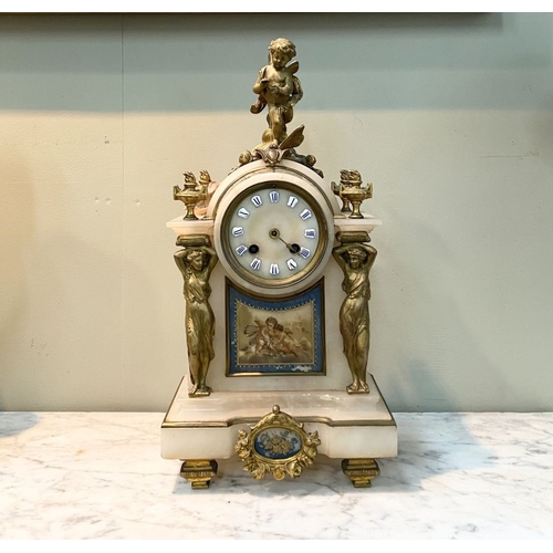 80 - A 19TH CENTURY FRENCH STYLE ORMOLU MARBLE MANTLE CLOCK, the circular dial on marble with painted por... 