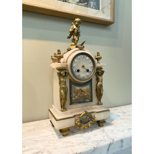 80 - A 19TH CENTURY FRENCH STYLE ORMOLU MARBLE MANTLE CLOCK, the circular dial on marble with painted por... 