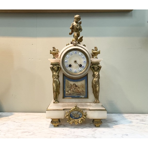 80 - A 19TH CENTURY FRENCH STYLE ORMOLU MARBLE MANTLE CLOCK, the circular dial on marble with painted por... 