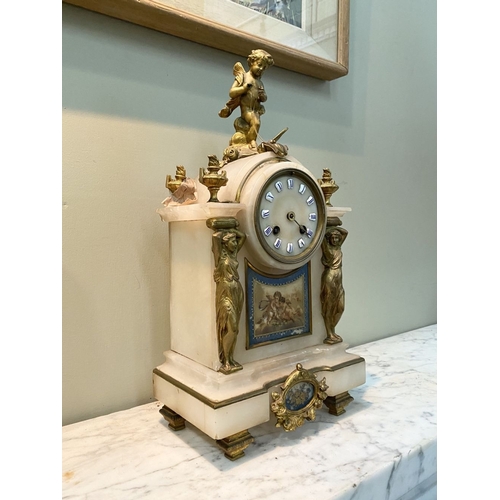 80 - A 19TH CENTURY FRENCH STYLE ORMOLU MARBLE MANTLE CLOCK, the circular dial on marble with painted por... 