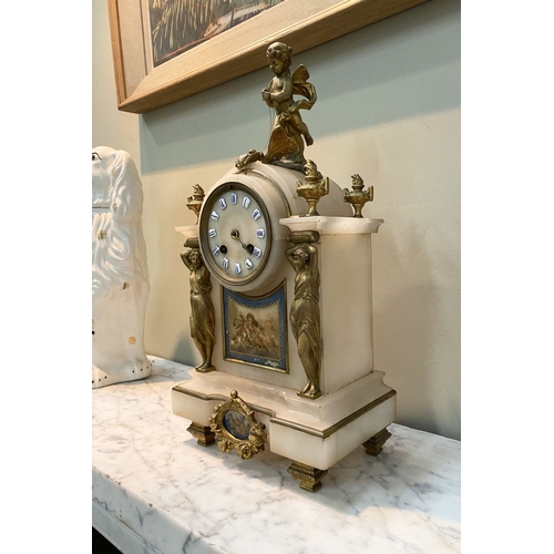 80 - A 19TH CENTURY FRENCH STYLE ORMOLU MARBLE MANTLE CLOCK, the circular dial on marble with painted por... 