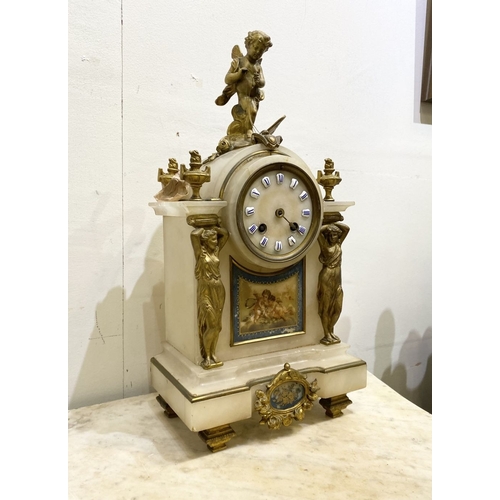 80 - A 19TH CENTURY FRENCH STYLE ORMOLU MARBLE MANTLE CLOCK, the circular dial on marble with painted por... 