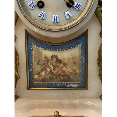 80 - A 19TH CENTURY FRENCH STYLE ORMOLU MARBLE MANTLE CLOCK, the circular dial on marble with painted por... 