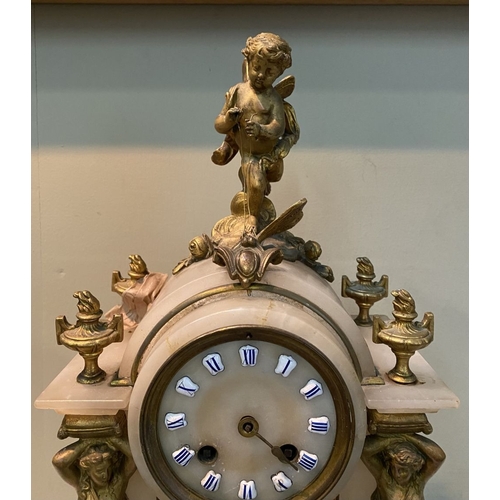 80 - A 19TH CENTURY FRENCH STYLE ORMOLU MARBLE MANTLE CLOCK, the circular dial on marble with painted por... 