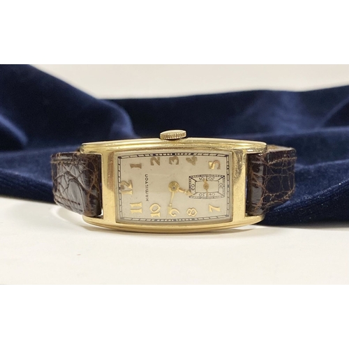 9 - A VINTAGE HAMILTON 14CT GOLD FILLED MEN'S WRISTWATCH, c.1940, the case is of Art Deco design and ins... 