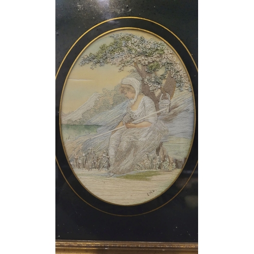 97 - A BEAUTIFUL FRAMED ANTIQUE HAND SEWN EMBROIDERY WORK PICTURE, depicting a woman in a white dress & s... 