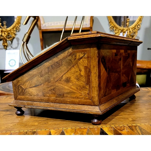 25 - A BEAUTIFUL TUNBRIDGE WARE STYLE MARQUETRY INLAID SEWING BOX SLOPE, the top with a central padded fa... 