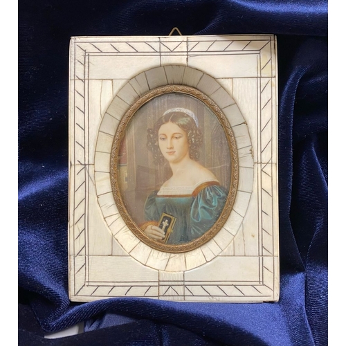 11 - A FRAMED 19TH CENTURY MINIATURE PORTRAIT, framed in a ‘Piano Key’ bone frame, with oval brass border... 