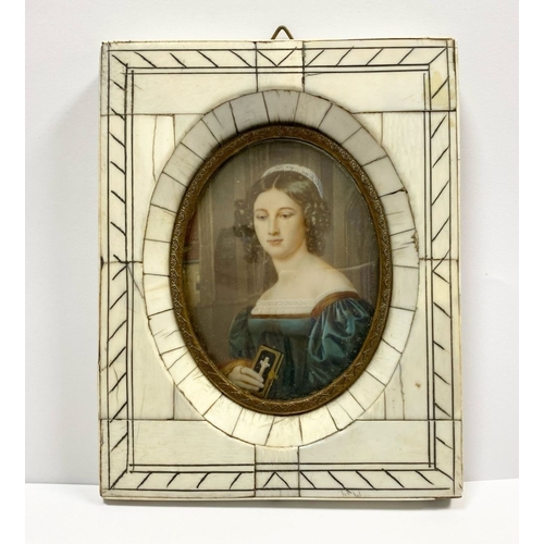 11 - A FRAMED 19TH CENTURY MINIATURE PORTRAIT, framed in a ‘Piano Key’ bone frame, with oval brass border... 