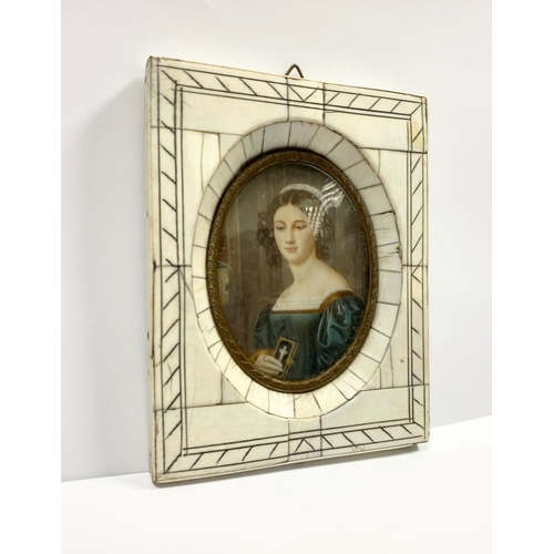 11 - A FRAMED 19TH CENTURY MINIATURE PORTRAIT, framed in a ‘Piano Key’ bone frame, with oval brass border... 