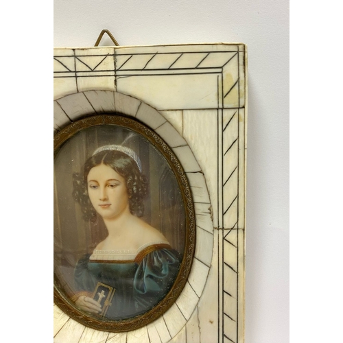 11 - A FRAMED 19TH CENTURY MINIATURE PORTRAIT, framed in a ‘Piano Key’ bone frame, with oval brass border... 