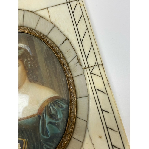 11 - A FRAMED 19TH CENTURY MINIATURE PORTRAIT, framed in a ‘Piano Key’ bone frame, with oval brass border... 