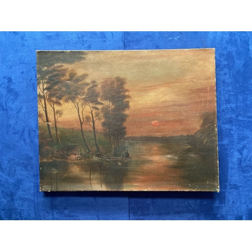 129 - AN OIL ON CANVAS, RIVERSIDE LANDSCAPE, with figures in boat to foreground, trees to background, sign... 