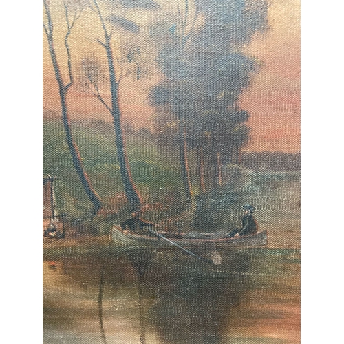 129 - AN OIL ON CANVAS, RIVERSIDE LANDSCAPE, with figures in boat to foreground, trees to background, sign... 