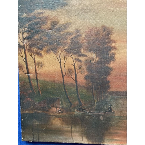 129 - AN OIL ON CANVAS, RIVERSIDE LANDSCAPE, with figures in boat to foreground, trees to background, sign... 