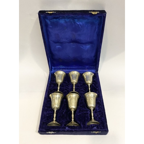 132 - A CASED SET OF SIX SILVER PLATED GOBLETS, each with flared rim, the body with nice etched design, ra... 