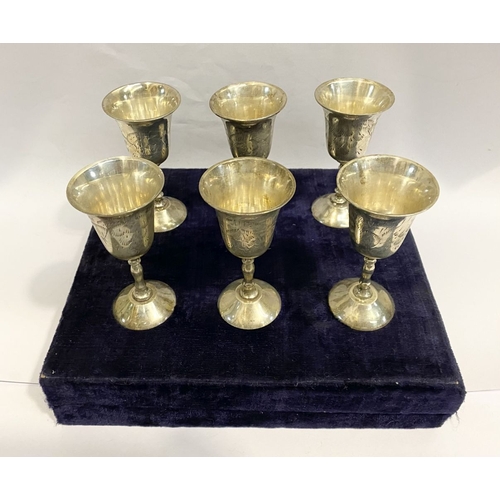 132 - A CASED SET OF SIX SILVER PLATED GOBLETS, each with flared rim, the body with nice etched design, ra... 