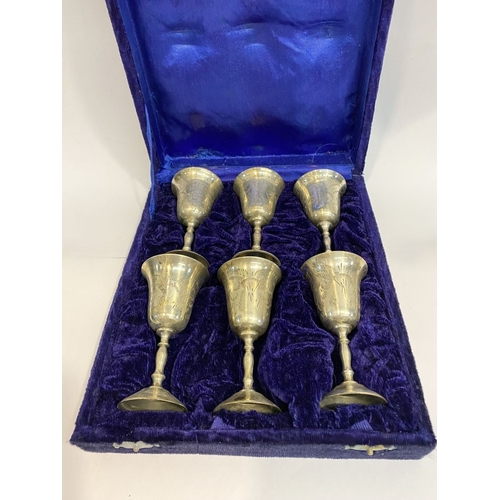 132 - A CASED SET OF SIX SILVER PLATED GOBLETS, each with flared rim, the body with nice etched design, ra... 