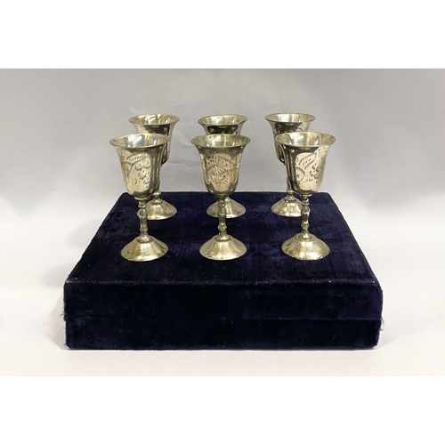 132 - A CASED SET OF SIX SILVER PLATED GOBLETS, each with flared rim, the body with nice etched design, ra... 