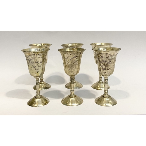 132 - A CASED SET OF SIX SILVER PLATED GOBLETS, each with flared rim, the body with nice etched design, ra... 