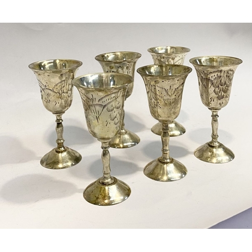 132 - A CASED SET OF SIX SILVER PLATED GOBLETS, each with flared rim, the body with nice etched design, ra... 