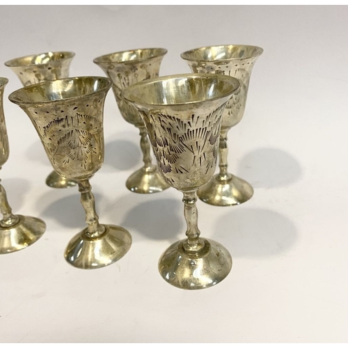 132 - A CASED SET OF SIX SILVER PLATED GOBLETS, each with flared rim, the body with nice etched design, ra... 