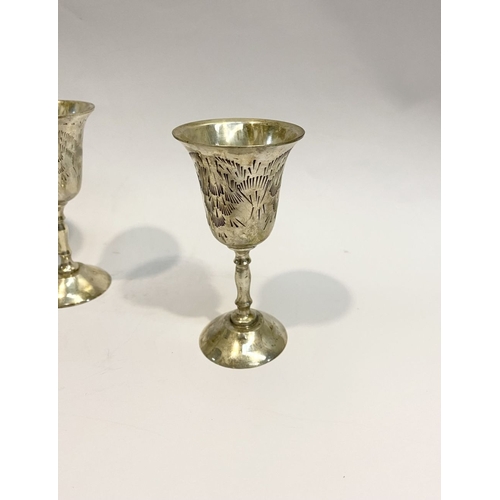 132 - A CASED SET OF SIX SILVER PLATED GOBLETS, each with flared rim, the body with nice etched design, ra... 