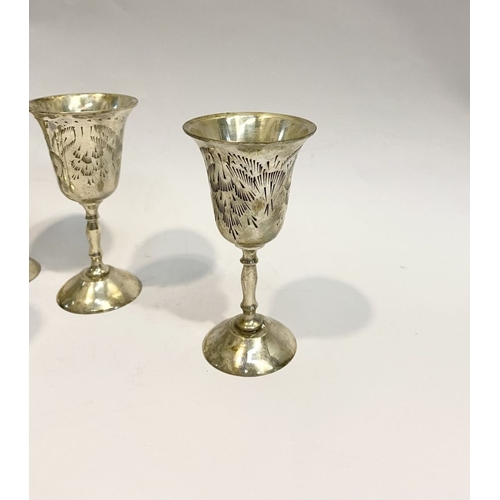 132 - A CASED SET OF SIX SILVER PLATED GOBLETS, each with flared rim, the body with nice etched design, ra... 