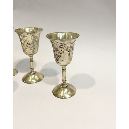 132 - A CASED SET OF SIX SILVER PLATED GOBLETS, each with flared rim, the body with nice etched design, ra... 