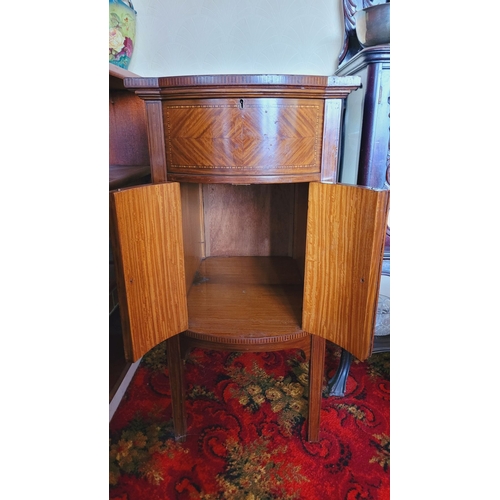 137 - A NEATLY SIZED VERY GOOD QUALITY INLAID BOW FRONTED MAHOGANY INLAID CABINET, the deep cabinet is dec... 