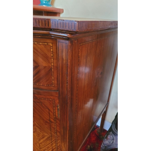 137 - A NEATLY SIZED VERY GOOD QUALITY INLAID BOW FRONTED MAHOGANY INLAID CABINET, the deep cabinet is dec... 