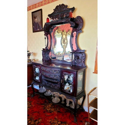 140 - A LARGE 19TH CENTURY MIRROR BACKED CHERRY MAHOGANY SIDEBOARD / SERVER, the mirrored back with shaped... 